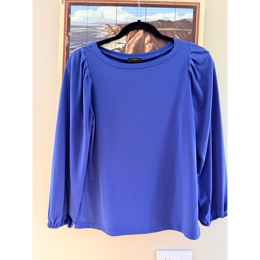 Ann Taylor Factory Puff Sleeve Pleated Shoulder Blouse Royal Blue XS